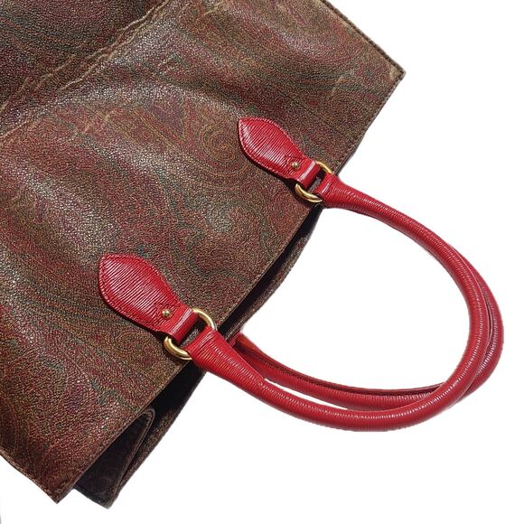 Etro (Authentic) Paisley Print Coated Canvas & Coral Pink Leather Large Bag VGUC - Picture 11 of 12
